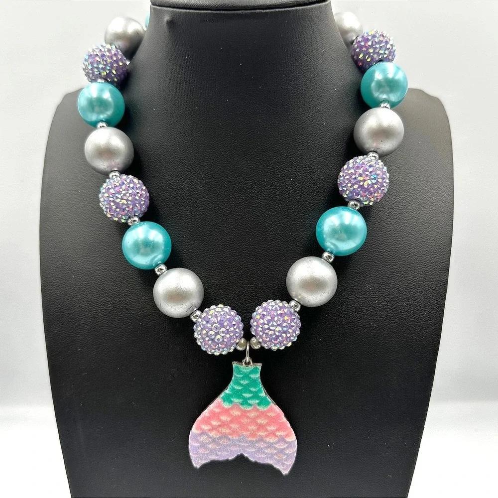 Vintage Chunky Bubblegum Bead Mermaid Tail Necklace Aqua Purple Kid Jewelry Gift